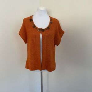 August Silk Orange Knit Cardigan Sweater with Embellished Neckline